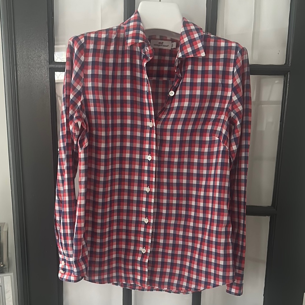 Vineyard vines light cotton red white blue gingham blouse (2)